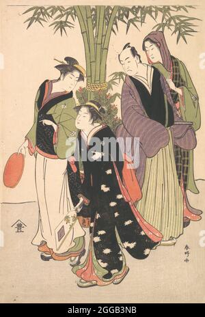 Kabuki Schauspieler Segawa Kikunojo III und Ichikawa Monnosuke II und zwei Kurtisanen feiern das neue Jahr, ca. 1790er. Stockfoto