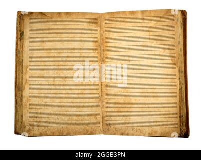 Altes leeres Musikbuch auf Weiß isoliert Stockfoto