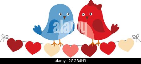 Niedliche Vögel in der Liebe sitzen auf herzförmigen Bunting Flags. Vector paar süße Vögel Stock Vektor