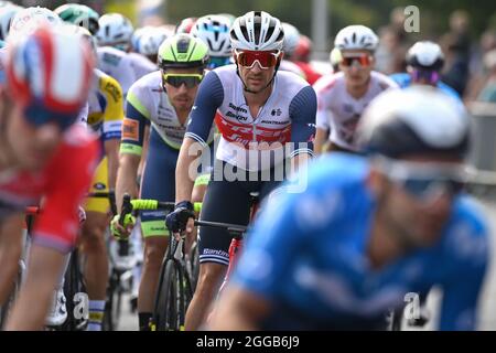 Der Belgier Edward Theuns von Trek-Segafredo im Einsatz während der ersten Etappe der Benelux-Radtour, 169,6 km von Surhuisterveen bis Dokkum, Stockfoto