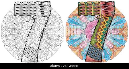 Handgemaltes Kunstdesign. Anti-Stress-Malseite für Erwachsene. Schwarz-weiß handgezeichnete Illustration Mandala mit numero sieben zum Ausmalen Buch. Farbig Stock Vektor
