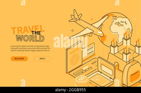 Reisen Sie die Welt – isometrisches Webbanner im Liniendesign-Stil. Saubere, stilvolle Kunst mit dünnem, feinem Design. Planung von Urlaub oder Flug in ein anderes Land. A Stock Vektor