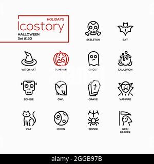 Halloween - Moderne Linie Design Stil Ikonen gesetzt. Holiday Symbole und Traditionen Idee. Schwarze Bilder von Skelett, Fledermaus, Hexenhut, Kürbis, Geist, Abdro Stock Vektor