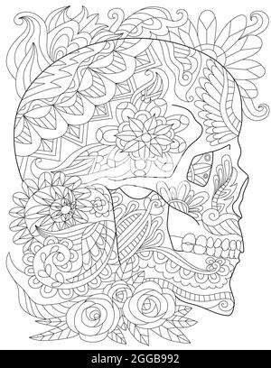 Tattoo Skull Linienzeichnung Umgeben Von Hübschen Rosen Und Angenehmen Blättern, Die In Der Seitenansicht Aussehen. Sceleton Kopf Zeichnung Eingeschlossen Schöne Blumen. Stock Vektor