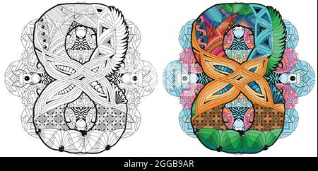 Handgemaltes Kunstdesign. Anti-Stress-Malseite für Erwachsene. Schwarz-weiß handgezeichnete Illustration Mandala mit numero acht zum Ausmalen Buch. Farbig Stock Vektor