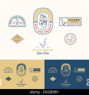 Best Local Duck Poultry Farm Retro Gerahmte Abzeichen oder Logo Templates Collection. Handgezeichnete Skizzen zu Gänsegesicht und Vögeln mit Retro-Typografie. Vintage Stock Vektor