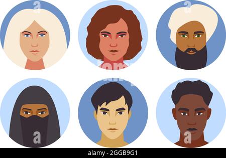Eine Gruppe verschiedener Menschen sieht sich mit runden Avataren auf weißem Hintergrund isoliert. Verschiedene ethnische Gruppe Haut-und Haarfarben traditionelle Tuch einfache flache Stil Vektor-Illustration Stock Vektor