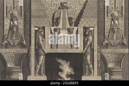 Chimneypiece im ägyptischen Stil: Riesige Figuren, die den Sturz stützen, flankiert von Stühlen, 1769. Von verschiedenen Maniere d'adornare i cammini... (Verschiedene Arten der Verzierung von Schimneystücken...). Stockfoto