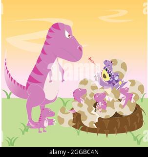 Rosa Dinosaurier Mama treffen sich mit ihren Kindern und Mr. Purple Bär in Dinosaurier Kostüm, Tyrannosaurus mit Kindern, T-rex rosa Familie, Pink Dino Stock Vektor