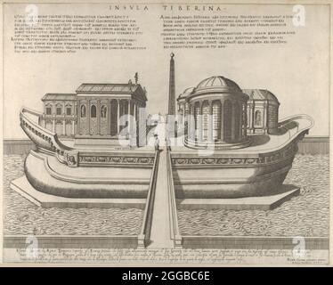 Ansicht der Tiberinsel dargestellt als Schiff, links der Tempel des Aesculapius, 1582. Stockfoto