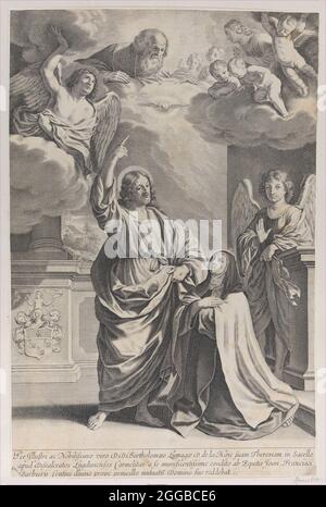 Die heilige Theresa betet neben Christus, die auf Gott, den Vater und den Heiligen Geist hinaufweist, 1635-1700. Stockfoto