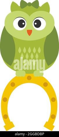 Niedliche grüne St. Patrick Eule sitzt auf dem Dach des Hufeisens. Vektoreule mit Schleife Stock Vektor