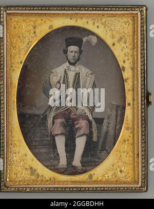 Untitled (Portrait of Seated man, Wearing a hat with a Feather), 1855. Ein Werk aus Daguerreotypie. Stockfoto