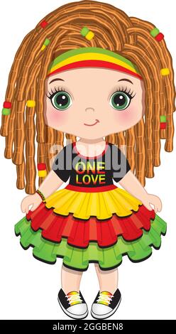 Niedliches kleines Reggae-Mädchen mit Dreadlocks im Rastafarian-Kleid Stock Vektor