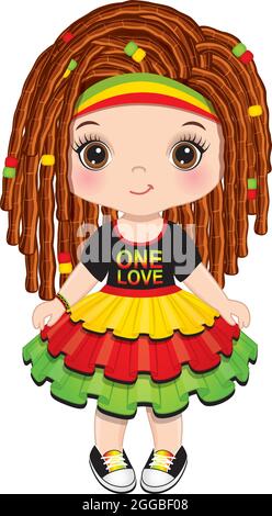 Niedliches kleines Reggae-Mädchen mit Dreadlocks im Rastafarian-Kleid. Vector Reggae Girl Stock Vektor