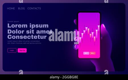 Konzept der Finanzanalyse. Candlestick Chart Trading. Vorlage für Geschäftsanwendungen. Die Hand hält ein Smartphone. Vorlage für Landing-Page. Stock Vektor
