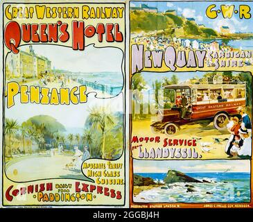 Vintage Great Western Railway Reiseplakate für Queen's Hotel in Penzance, Cornwall und Newquay, Cornwall. England. VEREINIGTES KÖNIGREICH Stockfoto