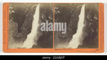The Lower Yosemite Fall, Yosemite Valley, Mariposa County, Cal., 1861/76. Albumin-Druck, Stereo, nein 1069 aus der Serie "Watkins' Pacific Coast". Stockfoto