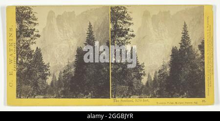 The Sentinel, 3270 Fuß, Yosemite Valley, Mariposa County, Cal., 1867. Albumendruck, Stereo, aus der Serie "Watkins' Pacific Coast". Stockfoto