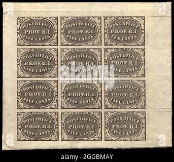 5c und 10c Providence, RI Postmaster Provisorium Blatt von zwölf, 1846. Zwölfblatt; Position 3 in der TR-Ecke ist der 10c-Wert, alle anderen sind der 5c-Wert. Stockfoto