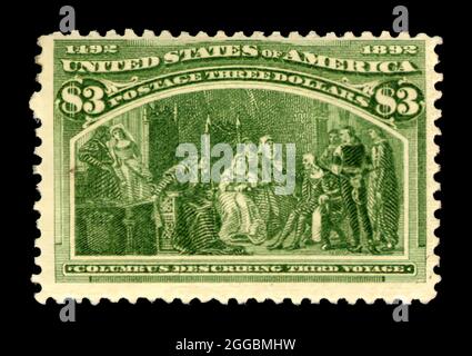 51-3 Columbus beschreibt seine dritte Voyage-Single, 1893. Das Design der Marke ist einem Gemälde von Francisco Jover mit dem Titel „Columbus beschreibt seine dritte Reise“ entnommen. Gedruckt in Bögen von 100, geschnitten in Scheiben von 50 für die Verteilung. Weder Blätter von 100 noch Scheiben von 50 sind bekannt, dass sie intakt bleiben. Ausgegebene Menge: 24,713(?). Stockfoto
