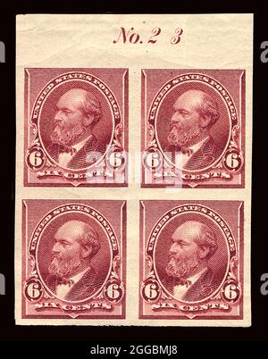 6c James A. Garfield Block aus vier Platten, 22. Februar 1890. Oberer Randblock mit vier 6-Cent-Marken; Platte 23; ungezähnt. Stockfoto