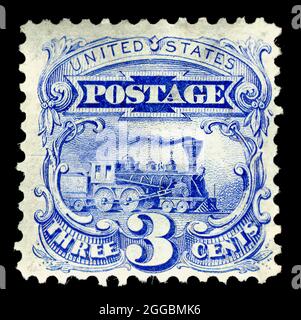 3c Steam Locomotive Re-Issue Single, 1875. Unbenutzt; Perf 12; Neuauflage von 1869; ohne Grill; 1875 beschlossen Beamte des Postministeriums, im folgenden Jahr Muster aller zuvor ausgegebenen Marken auf der Centennial Exposition in Philadelphia auszustellen. Da dies einen Sonderdruck erforderte, bestellte die Abteilung zusätzliche Exemplare zum Verkauf an Briefmarkensammler. Stockfoto