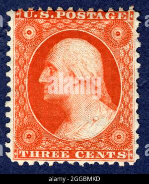 3c Washington Reprint Single, 1875. Unbenutzt;im Jahr 1875 beschlossen Beamte des Postministeriums, Muster aller zuvor ausgestellten Briefmarken auf der Centennial Exposition in Philadelphia im folgenden Jahr auszustellen. Da dies einen Sonderdruck erforderte, bestellte die Abteilung zusätzliche Exemplare zum Verkauf an Briefmarkensammler. Stockfoto