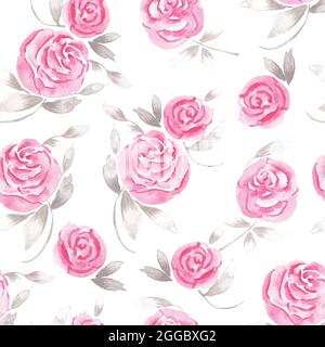 Romantisches Muster mit rosa Rosenblüten und abstrakt grauen Blättern in Aquarell gezeichnet Stock Vektor