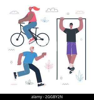 Gesundes Lifestyle Fitness und Street Workout Sport-Übungen Konzept. Personen fahren Fahrrad, laufen und ziehen sich auf der horizontalen Stange. Mann und Frau arbeiten-out-Vektor-eps-Illustration Stock Vektor