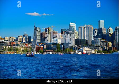 Segelboote auf dem Lake Union in Seattle, Washington Stockfoto