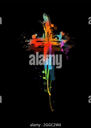 Mehrfarbiger Kreuzverfärbungen. Kreuz aus Regenbogenblots. Frohe Ostern. Vektorgrafik Stock Vektor