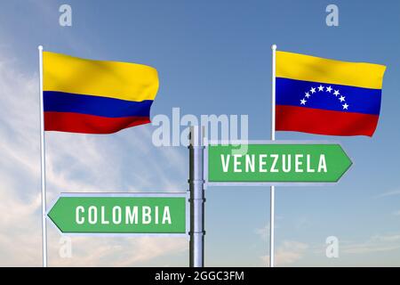 Zeichen, das die Richtung der Grenzen zwischen zwei Ländern Venezuela, Kolumbien 3D-RENDERING anzeigt Stockfoto