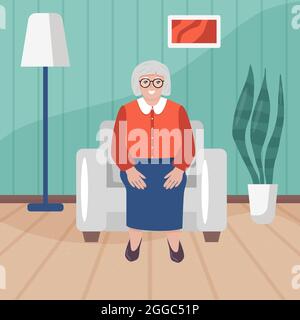 Glückliche Oma, die in ihrem Haus im Sessel sitzt. Seniora Frau im Cartoon-Stil im Wohnzimmer. Flache Vektorgrafik Stock Vektor