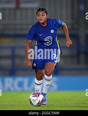 Kingston, Großbritannien. August 2021. Jessica Carter von Chelsea Women beim Freundschaftsspiel 2021/22 zwischen Chelsea Women und Aston Villa Women im Kingsmeadow Stadium, Kingston, England, am 27. August 2021. Foto von Andy Rowland. Quelle: Prime Media Images/Alamy Live News Stockfoto