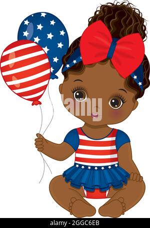 Patriotisch Hübsch Afrikanisch Amerikanisch Baby Mädchen Halten Luft Luftballons. Vector Kleine Schwarze Baby Mädchen Stock Vektor