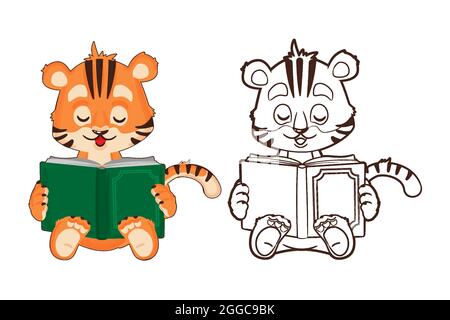 Malbuch: tiger Cub hält ein Buch in der Hand. Vektor-Illustration im Cartoon-Stil, schwarz-weiß lineart Stock Vektor