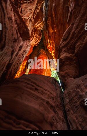 Glühende Felsformation Altschloss-Felsen bei Sonnenuntergang im pfälzer Wald, Deutschland Stockfoto