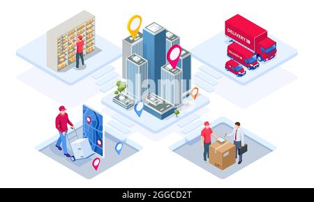 Globales Logistiknetzwerk – isometrische Darstellung. Isometrisches Logistik- und Lieferkonzept. Lieferung nach Hause und ins Büro. City-Logistik. Lager, LKW Stock Vektor