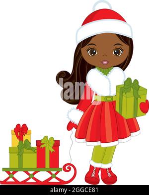 Schöne junge schwarze Mädchen ziehen Schlitten mit Weihnachten Geschenk-Boxen. Vector Christmas Girl Stock Vektor