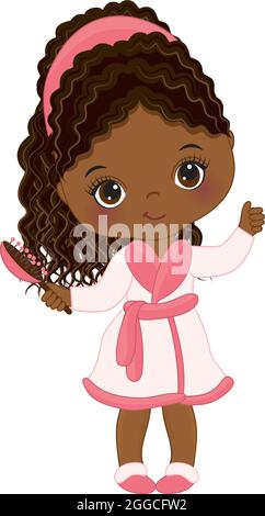 Wenig Afroamerikanische Haare Nach Der Dusche Bürsten. Vector Little Spa Girl Stock Vektor