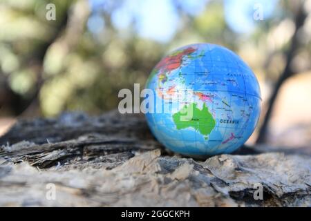 Erdkugel in der Natur mit Bäumen am Bach im Hintergrund. Stockfoto