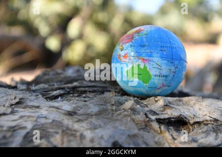 Erdkugel in der Natur mit Bäumen am Bach im Hintergrund. Stockfoto