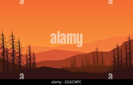 Fantastisches Bergpanorama von außerhalb der Stadt in der Abenddämmerung mit der Silhouette der umliegenden Pinien. Vektordarstellung einer Stadt Stock Vektor