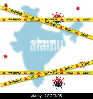 3. Welle des Corona-Virus-Konzepts. Covid-19-Konzept, indische Flagge. Gefahrenbereich. Isoliert auf transparentem Hintergrund. Vektorgrafik. Stockfoto