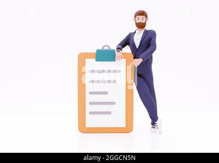 Cartoon-Figur Geschäftsmann zeigt auf Tablet. 3d-Renderdarstellung. Illustration für Werbung. Stockfoto