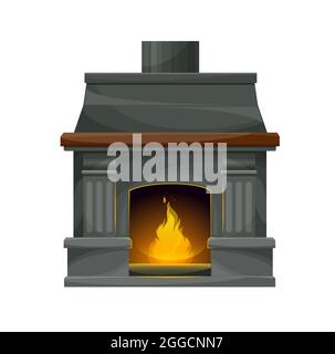 Moderner Kamin im Inneren mit brennendem Feuer. Vector Kamin, Herd oder Ofen mit grauen Steinwänden, Rahmen, Herd und Kamin, dekorative Säulen a Stock Vektor