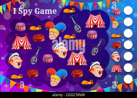 Kinder Spion Spiel mit shapito Zirkus Charaktere und Gegenstände. Vektor Bildung Puzzle, Zählen Rätsel oder Aufmerksamkeit Test Vorlage mit Cartoon Zirkus top te Stock Vektor