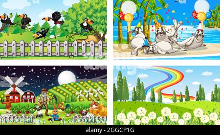 Vier verschiedene horizontale Naturszenen Stock Vektor