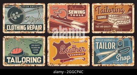 Tailor sewing shop, metal plates rusty and vintage posters, vector. Tailoring and fashion design craft atelier and seamstress salon, clothes repair, s Stock Vector